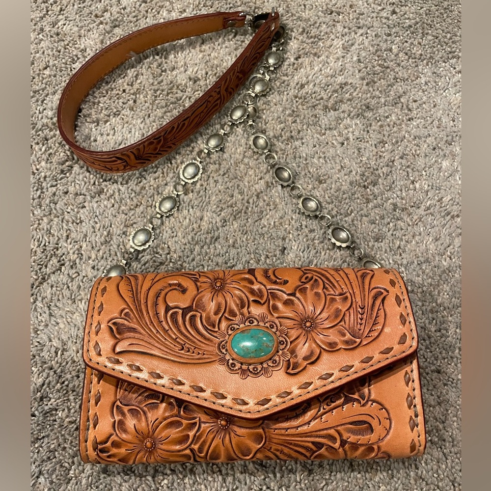 New Teal Ranch Leather Concho Tooled leather purse